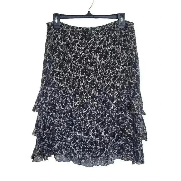 Ann Taylor Women's Black & White Silk Chiffon Floral Layered Ruffle Lined A-Line - Picture 8 of 9